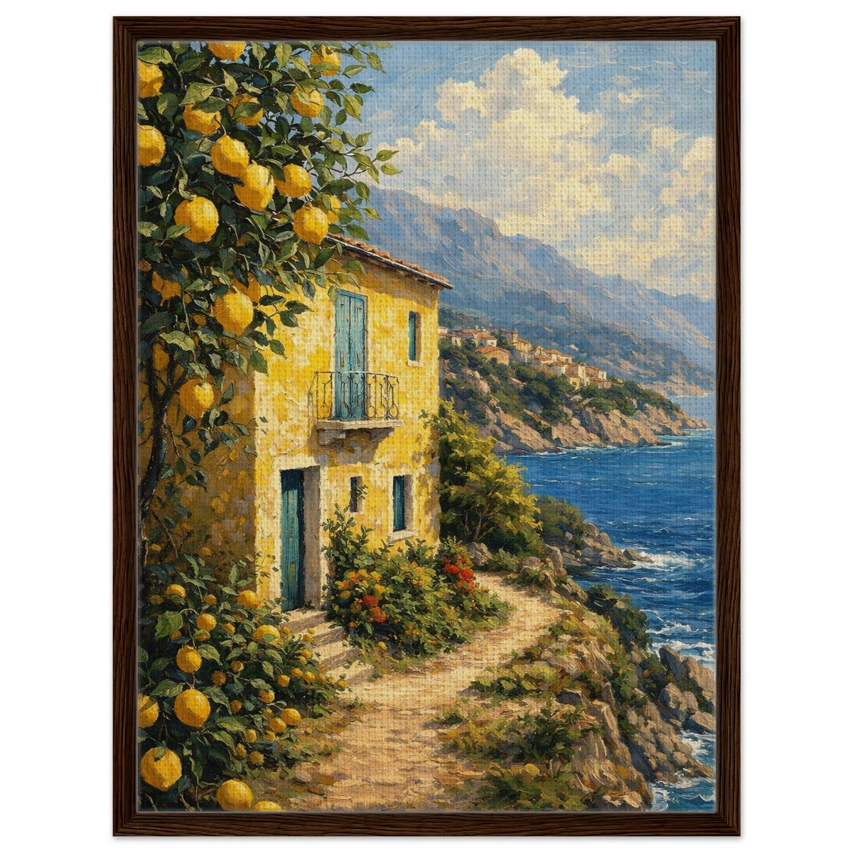 Italian coastal house with lemon trees and blue sea canvas in a classic black frame