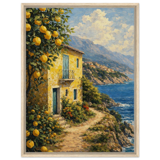 Italian coastal house with lemon trees and Mediterranean sea framed canvas wall art