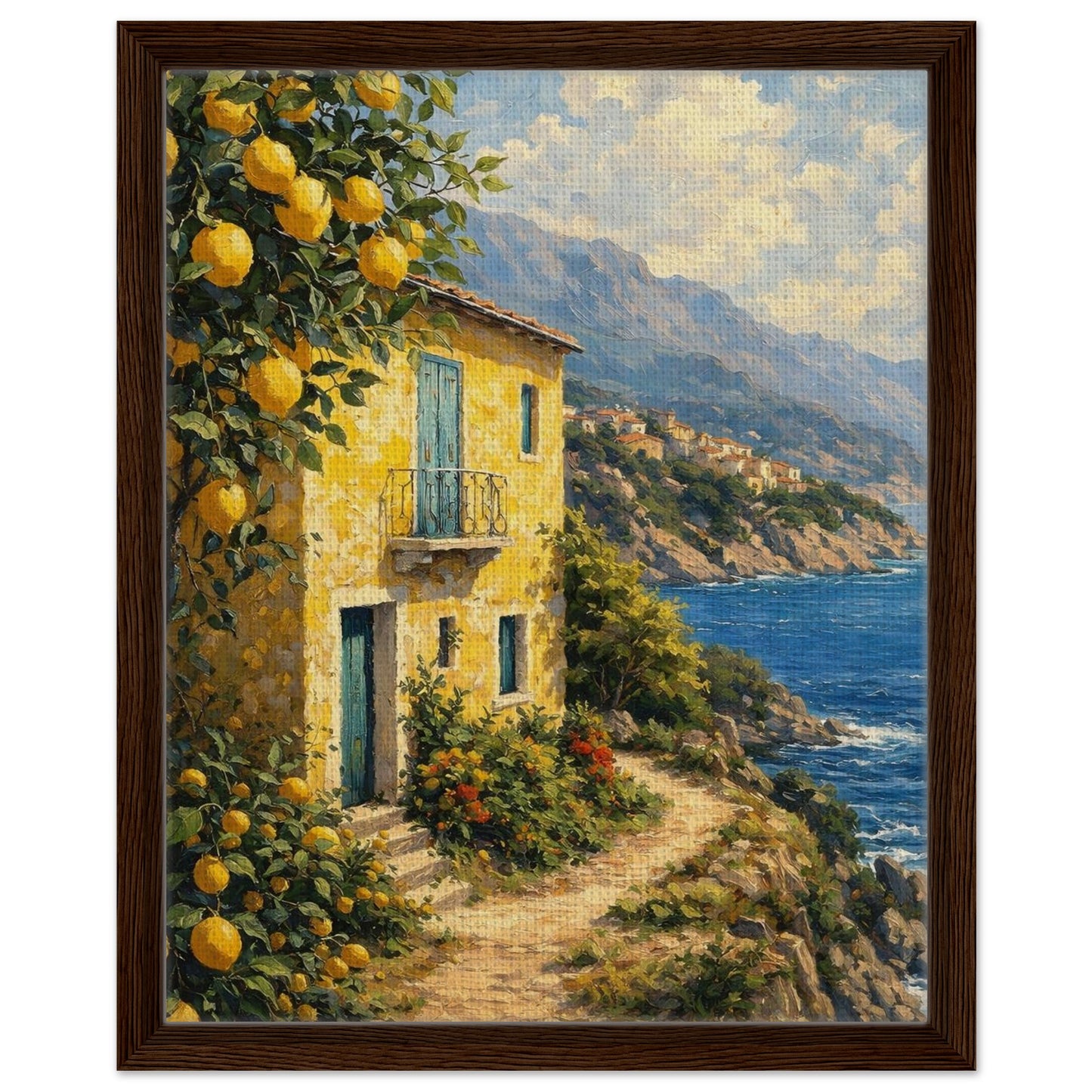 Italian coastal landscape with yellow house and lemon grove in a walnut wood frame