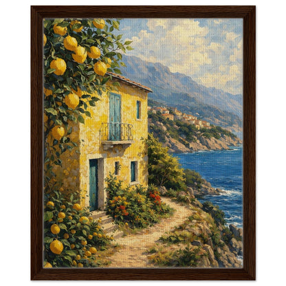 Italian coastal landscape with yellow house and lemon grove in a walnut wood frame