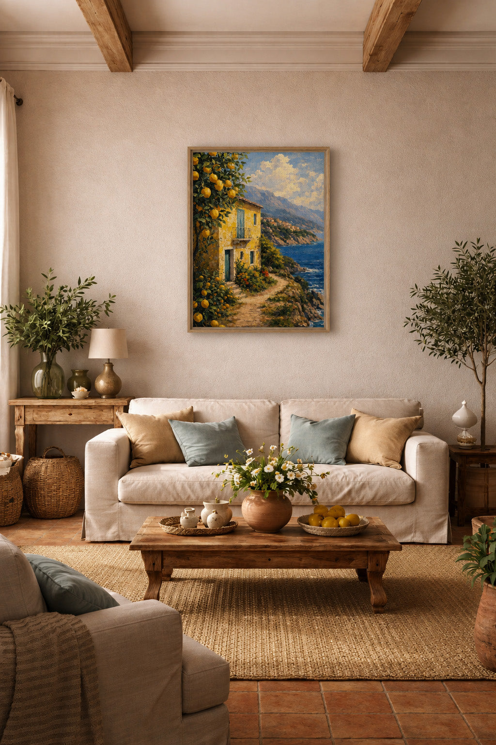 Italian lemon grove coastal canvas displayed in a warm Mediterranean living room