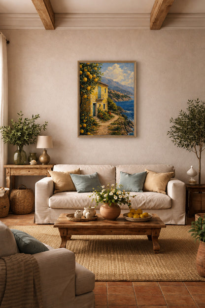 Italian lemon grove coastal canvas displayed in a warm Mediterranean living room