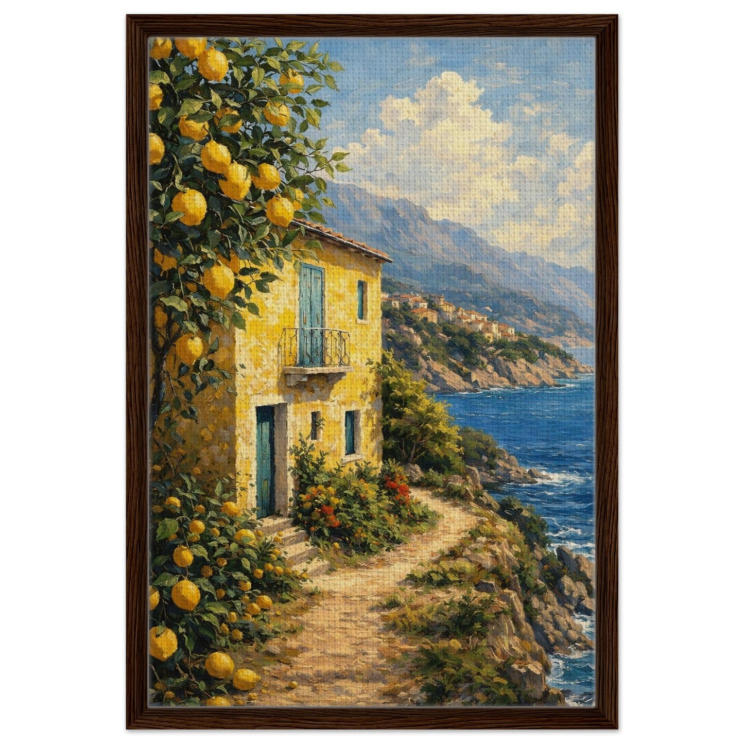 Italian lemon tree and coastal house canvas wall art presented in a dark walnut frame