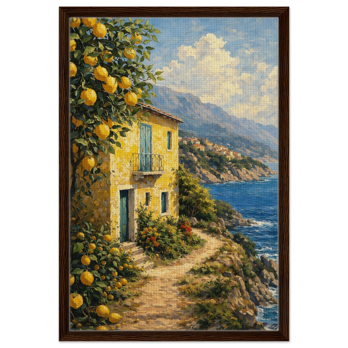 Italian lemon tree and coastal house canvas wall art presented in a dark walnut frame