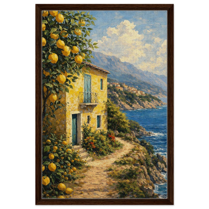 Italian lemon tree and coastal house canvas wall art presented in a dark walnut frame