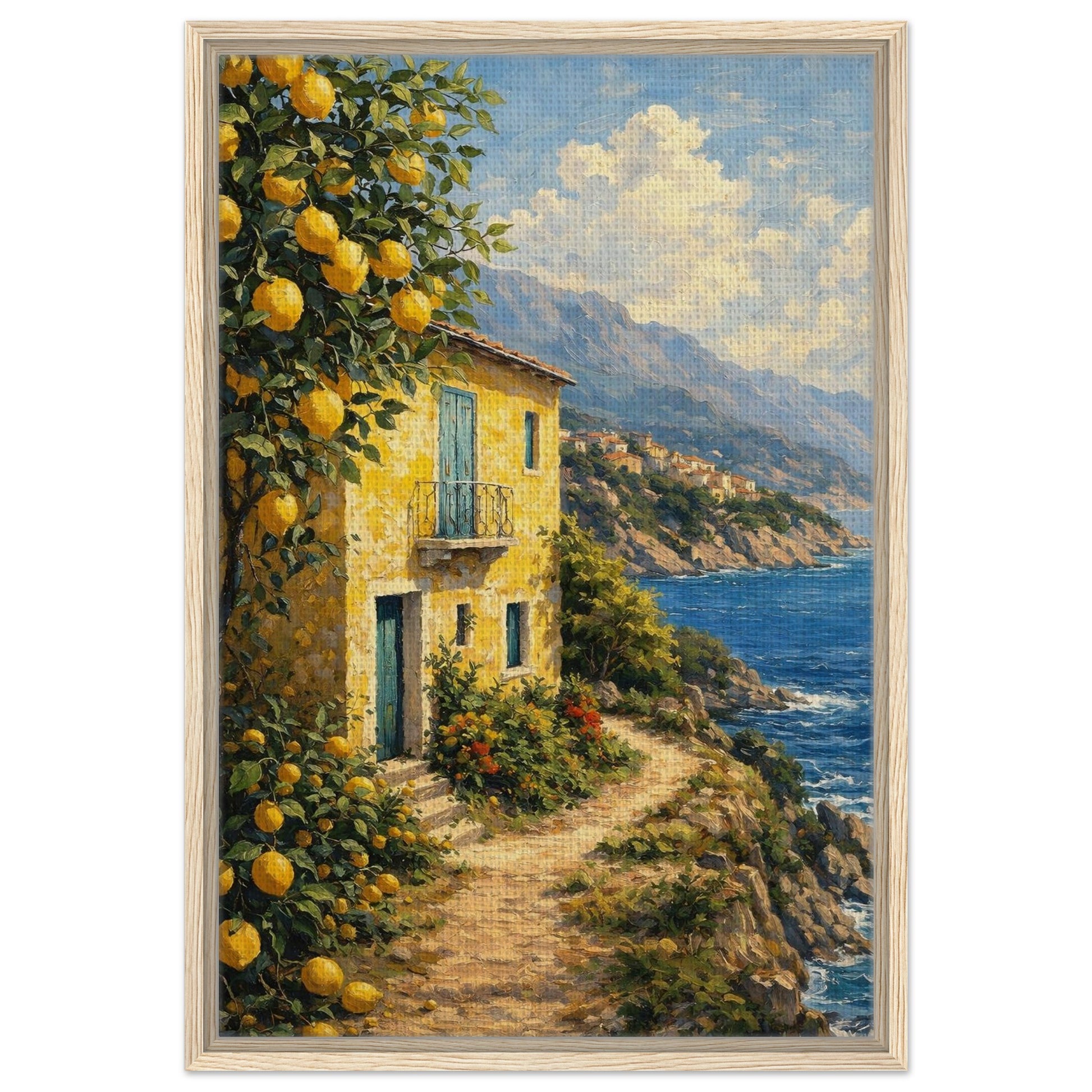 Italian Riviera coastal wall art with lemon trees presented in a light oak frame