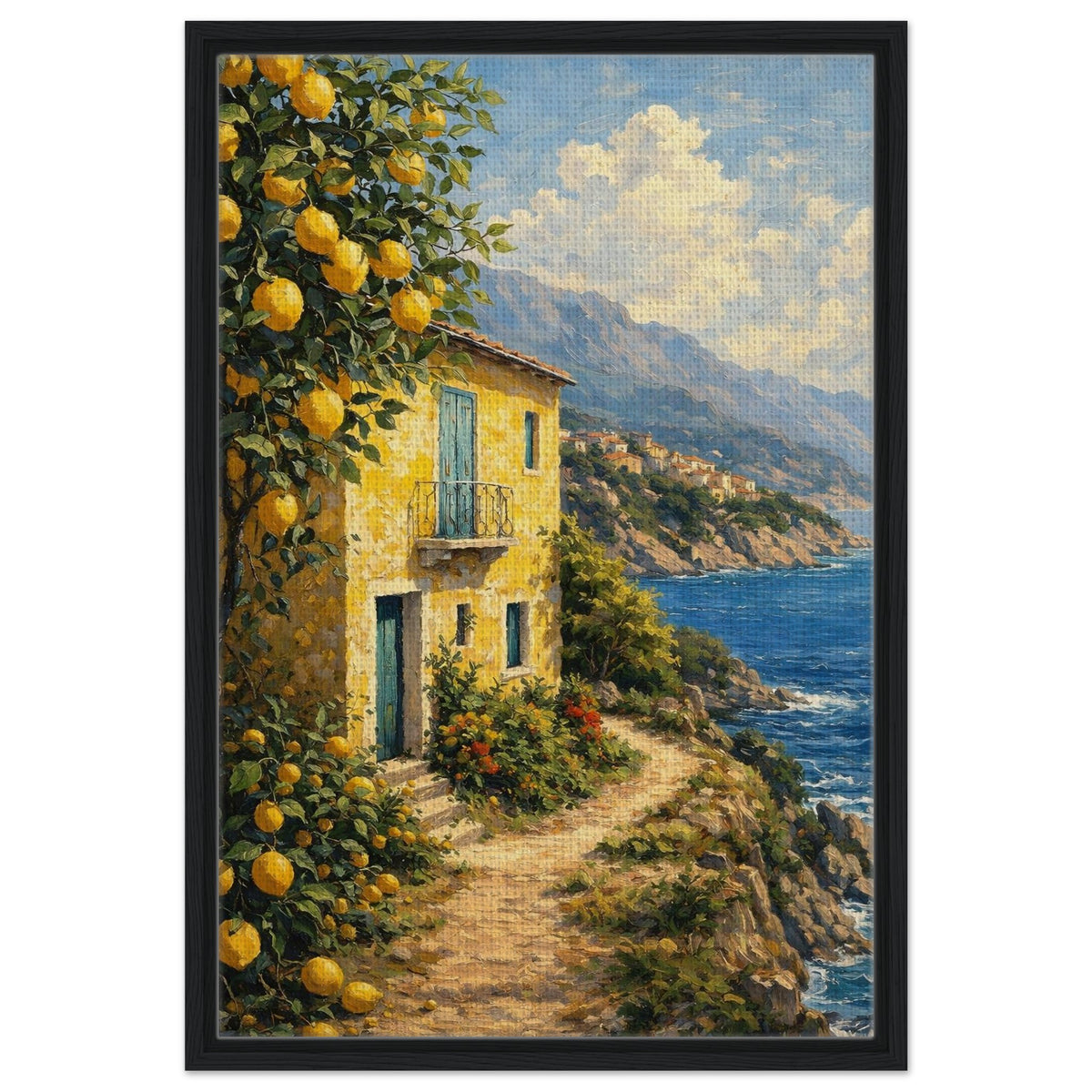 Italian Riviera inspired lemon tree landscape canvas finished with a matte black frame