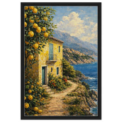 Italian Riviera inspired lemon tree landscape canvas finished with a matte black frame
