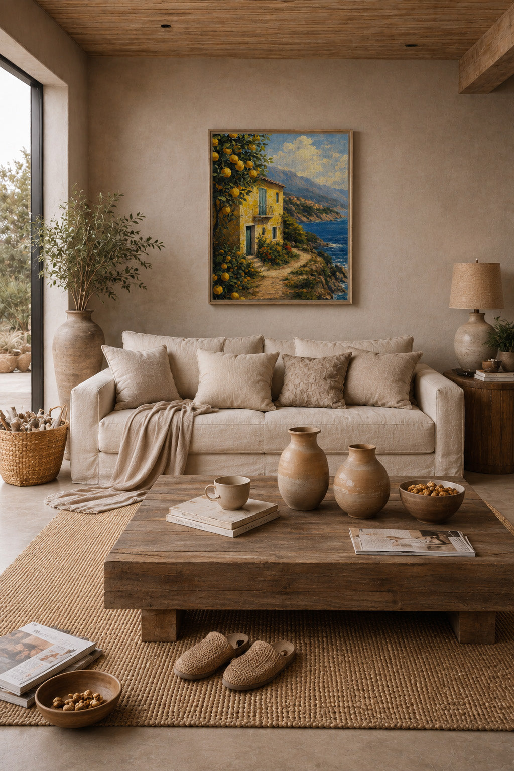 Italian summer coastal canvas wall art displayed in a cozy neutral living room