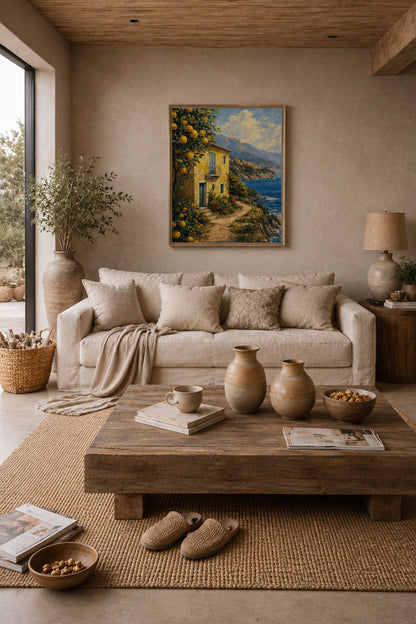 Italian summer coastal canvas wall art displayed in a cozy neutral living room
