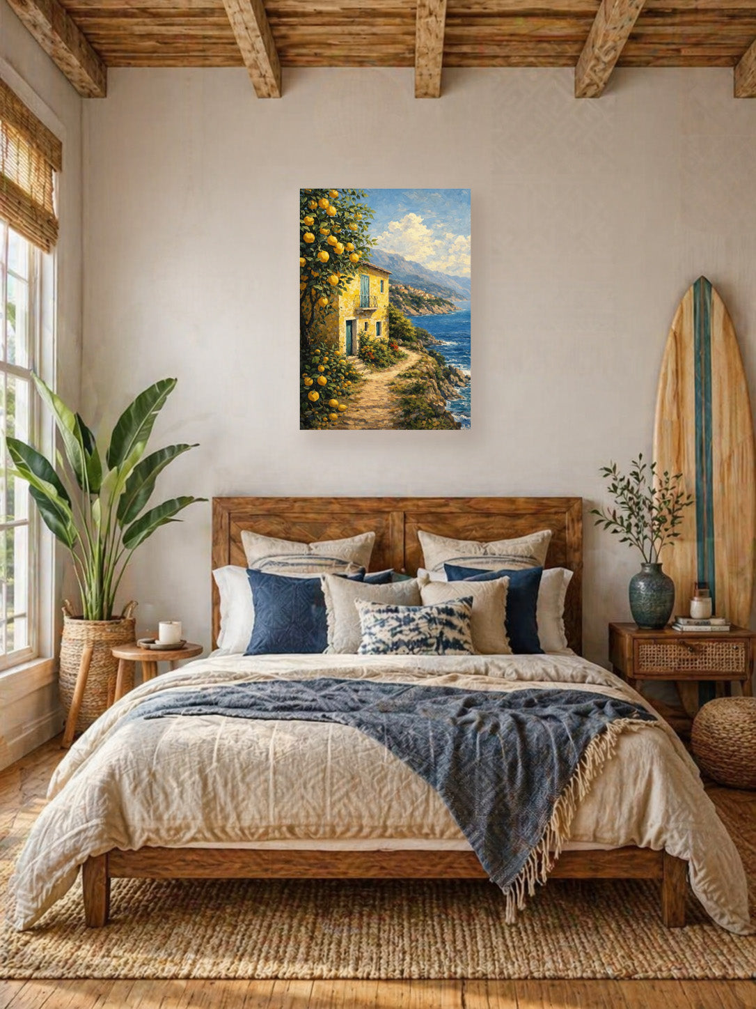Italy Seaside Retreat poster mockup above bed in Mediterranean bedroom interior with natural wood accents and coastal decor