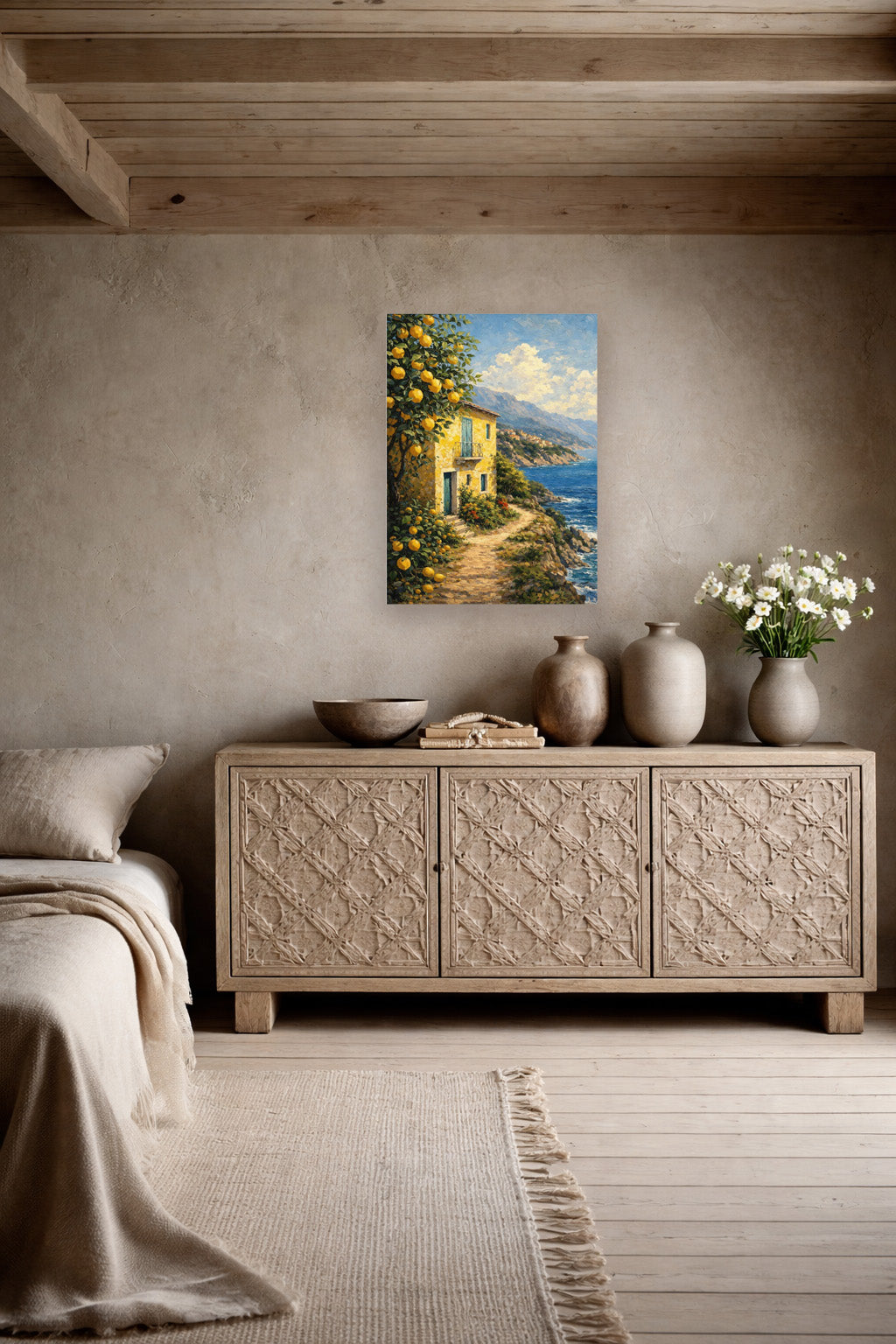 Italy Seaside Retreat poster mockup above wooden console in Mediterranean interior with textured walls and minimalist decor