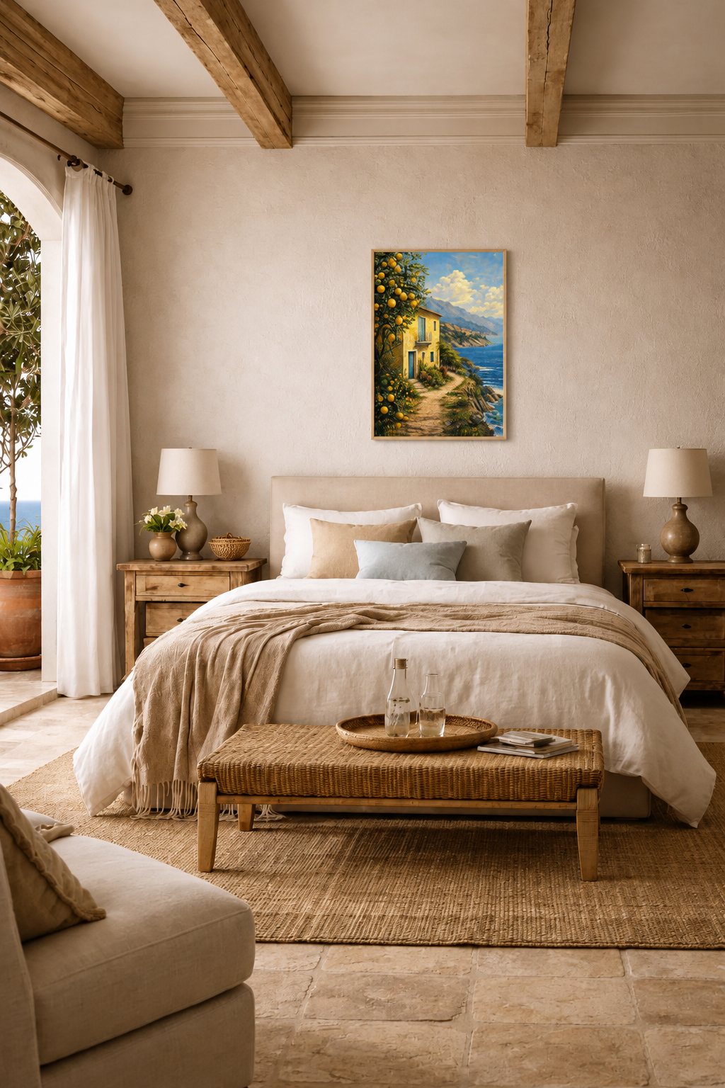 Mediterranean style bedroom with exposed wooden beams, neutral decor and Lemon Coast Path poster in light wood frame above the bed.