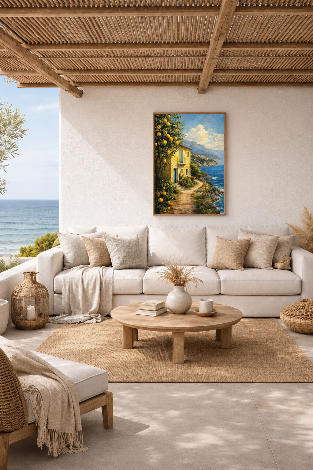 Mediterranean coastal terrace living room with ocean view, neutral sofa and Lemon Coast Path framed wall art in light wood frame.