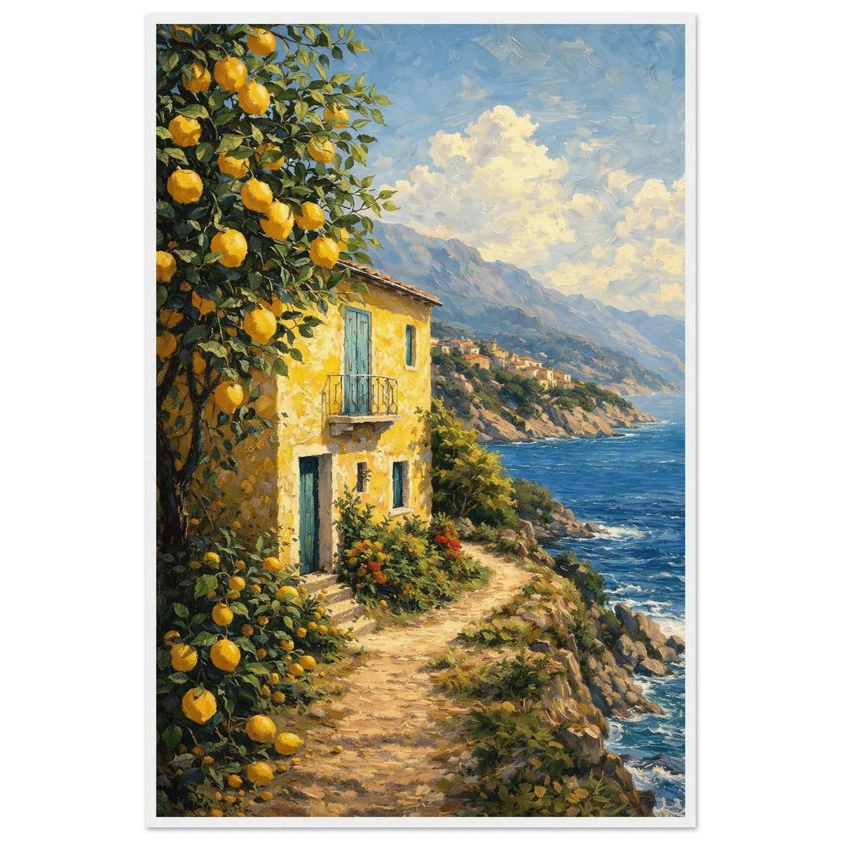 Mediterranean wall art framed print showing the sunlit coastal village and cliffs