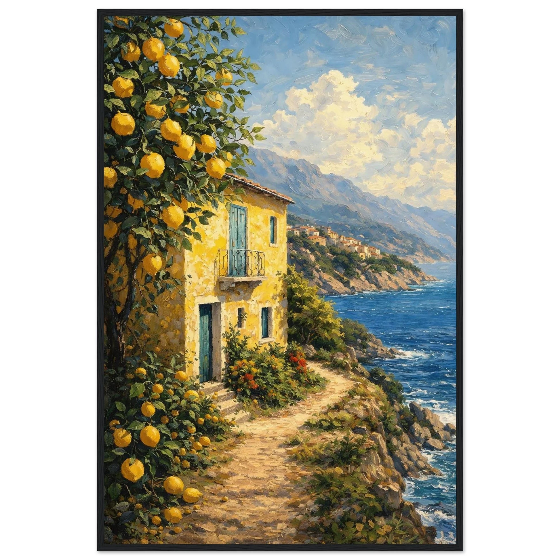 Wooden framed poster of the Italian coast with lemon tree, hillside houses and turquoise water