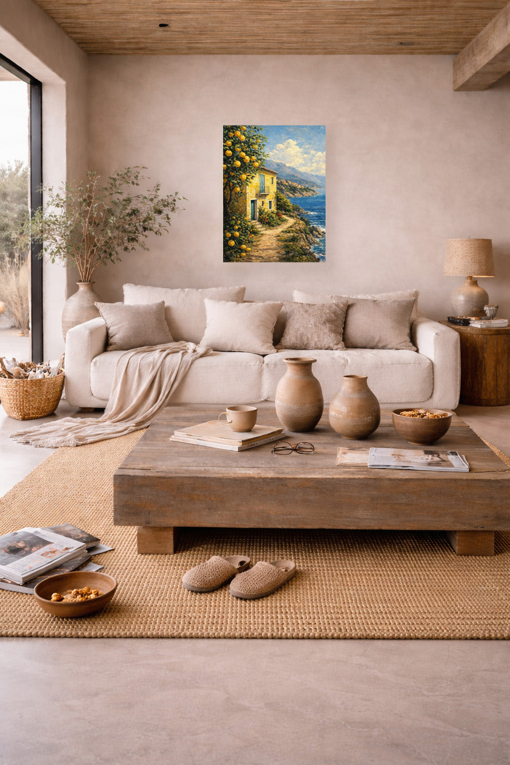 Italy Seaside Retreat poster mockup in Mediterranean living room with neutral sofa, wooden coffee table and warm coastal styling