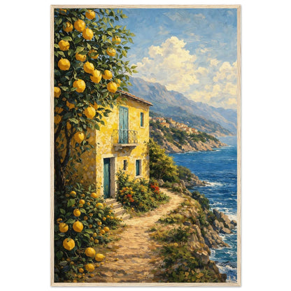 Italy Seaside Retreat Mediterranean coastal framed wall art with a lemon tree, yellow house and blue sea, in a wooden frame