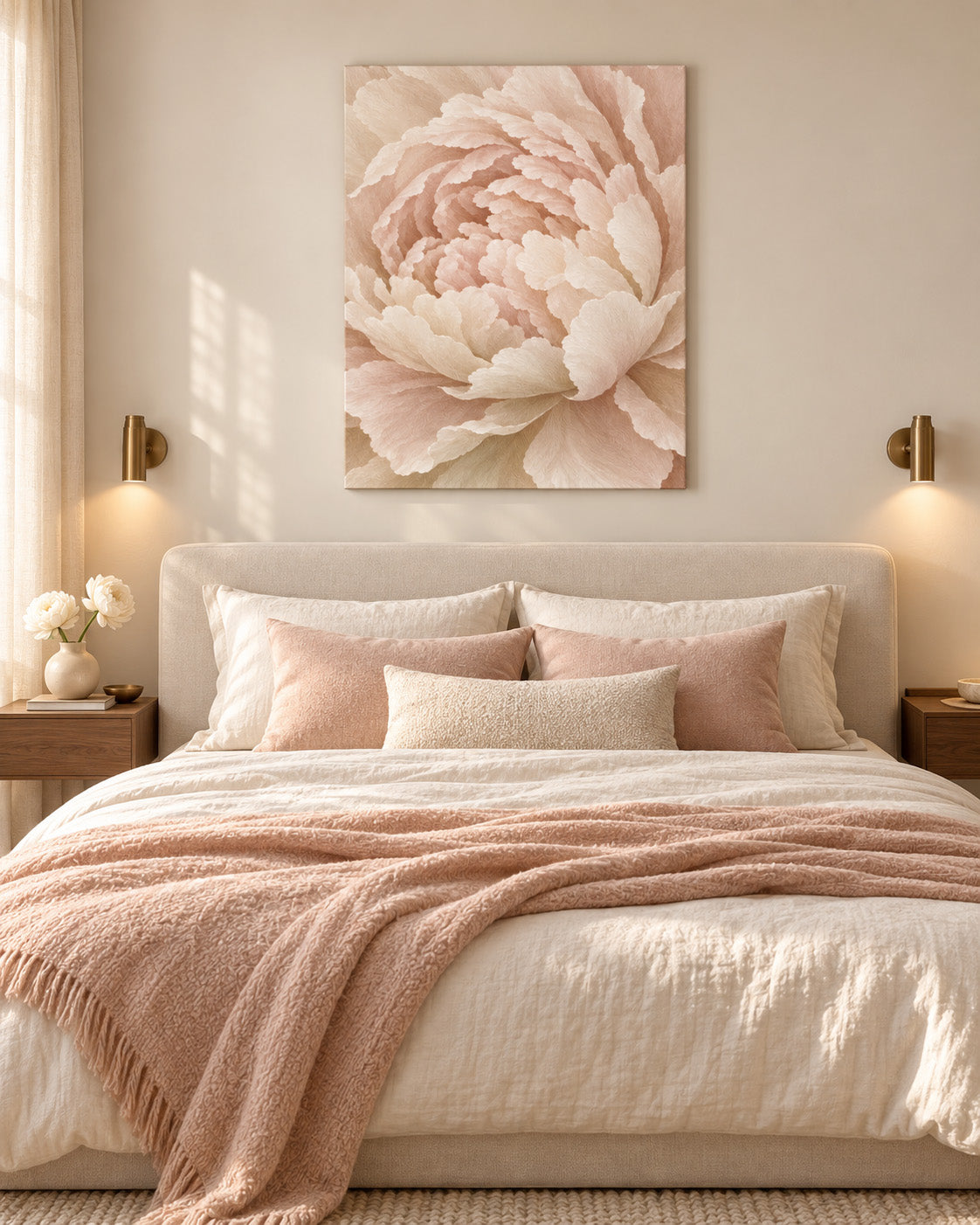 Ivory Peony canvas wall art above a cozy ivory bed with a blush throw