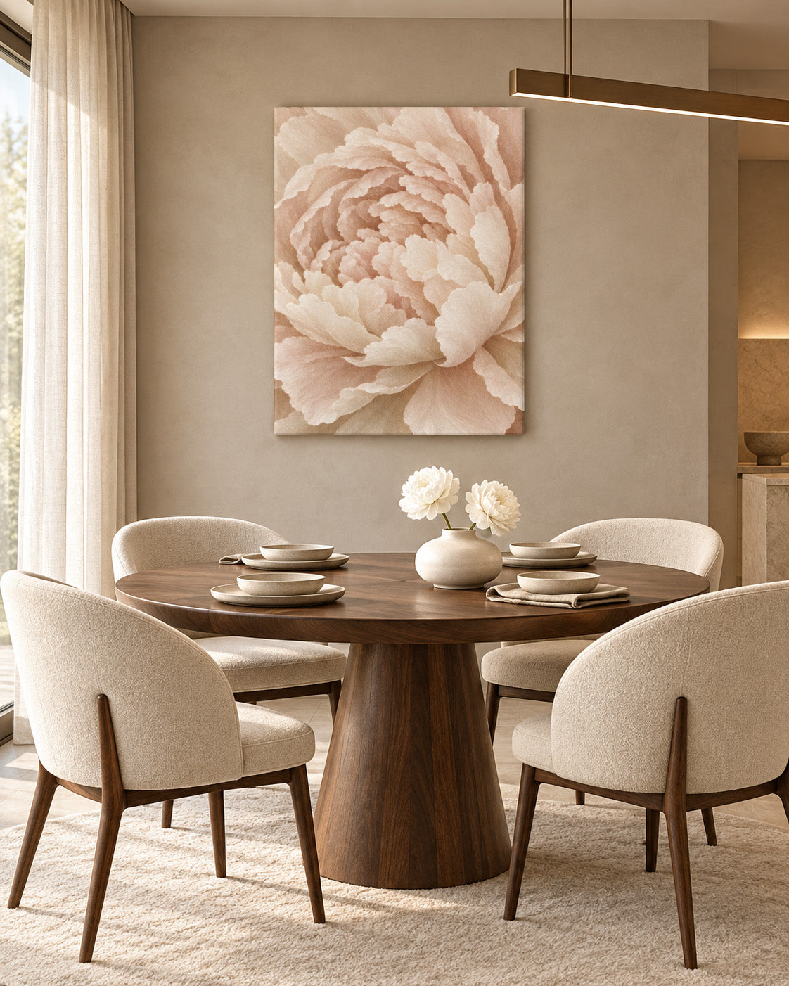Cream floral peony canvas in a modern dining room with a round walnut table and white peonies