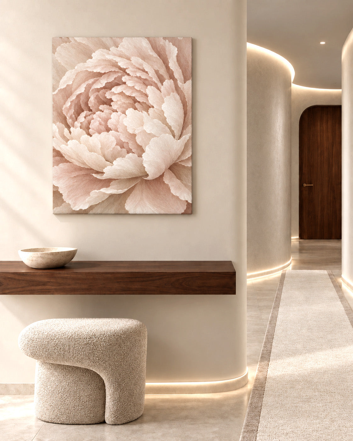Muted peony canvas in a neutral hallway above a floating shelf and bouclé stool