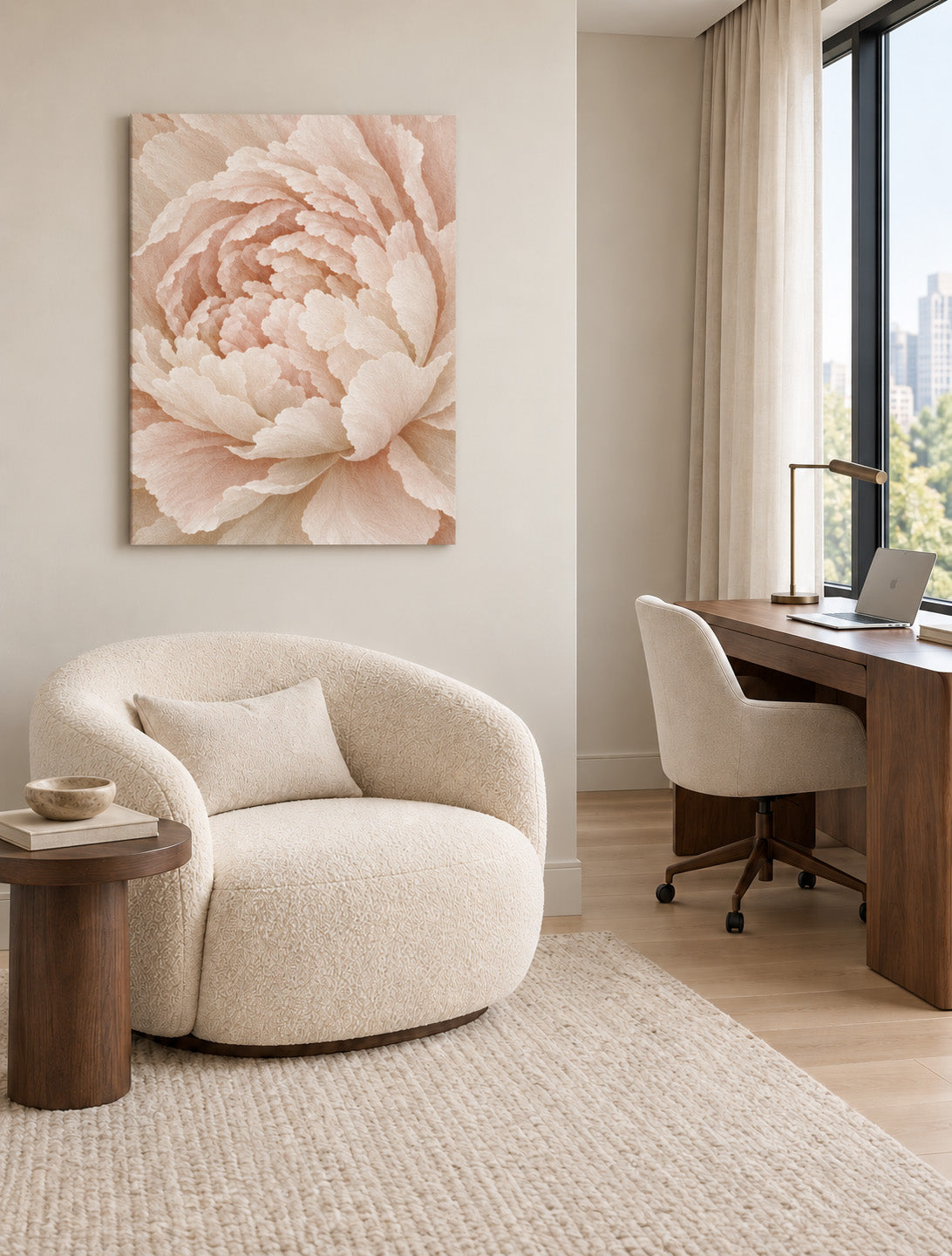 Peony canvas above a bouclé armchair in a calm reading nook beside a walnut desk