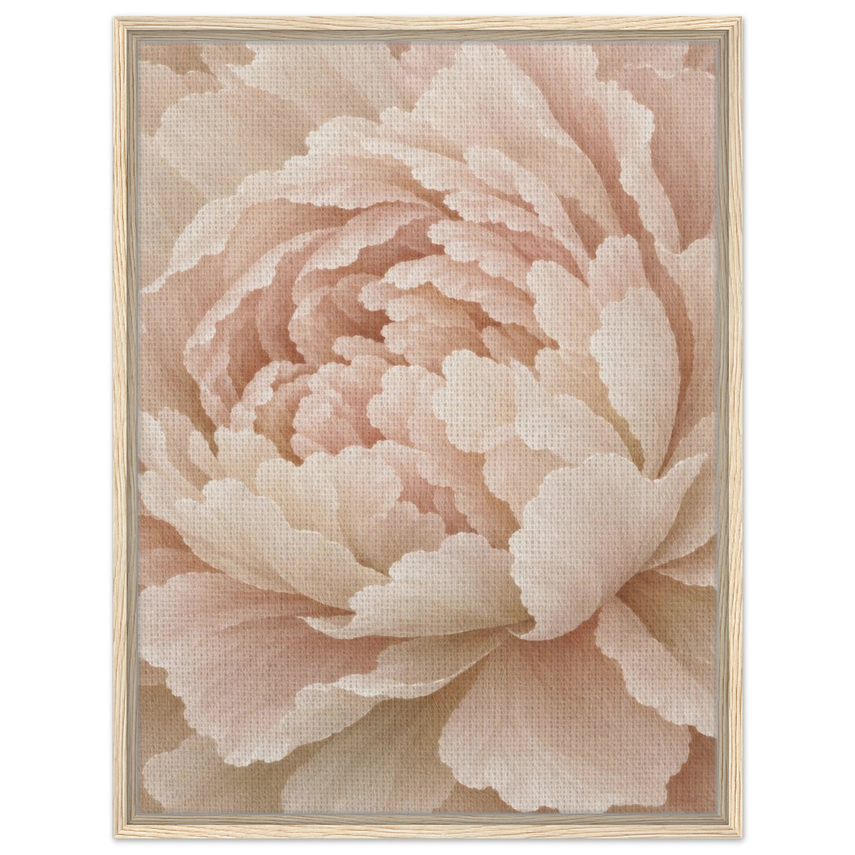 Ivory Peony cream floral framed canvas wall art in a light wood floating frame, front view