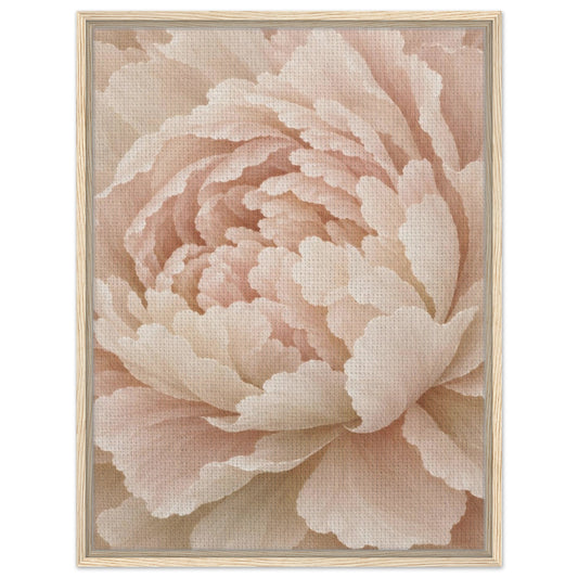 Ivory Peony cream floral framed canvas wall art in a light wood floating frame, front view