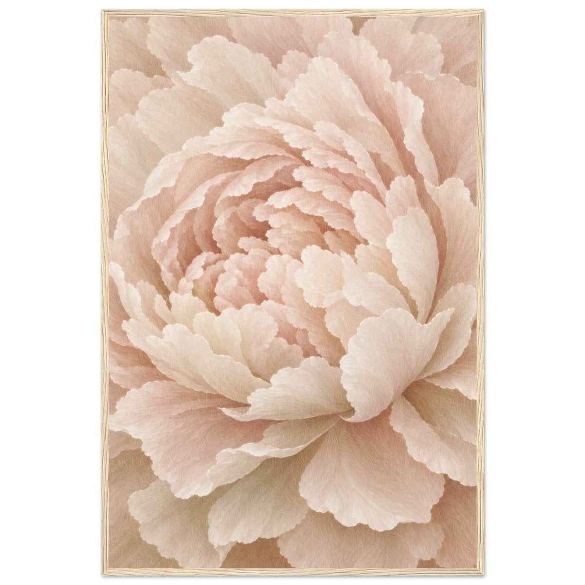 Ivory Peony cream floral framed wall art in a light wood frame, close-up of a soft blush peony, front view