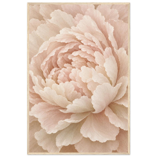 Ivory Peony cream floral framed wall art in a light wood frame, close-up of a soft blush peony, front view