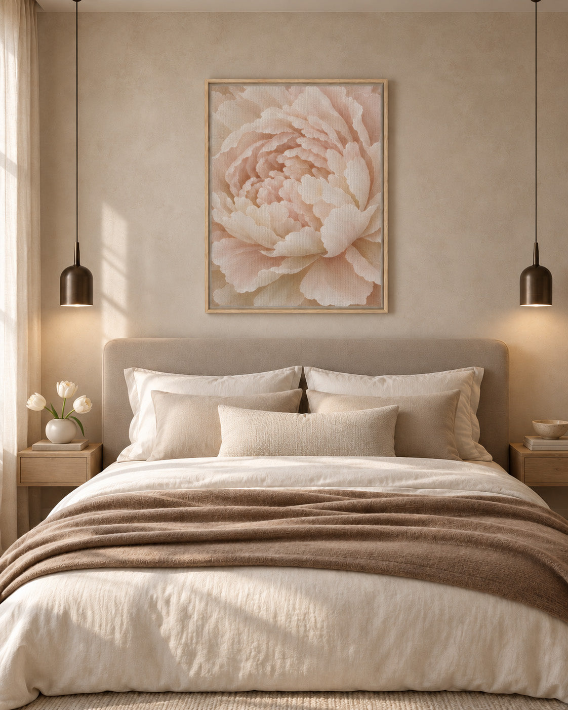 Framed Ivory Peony canvas above a beige bed with fresh ivory tulips on the nightstand