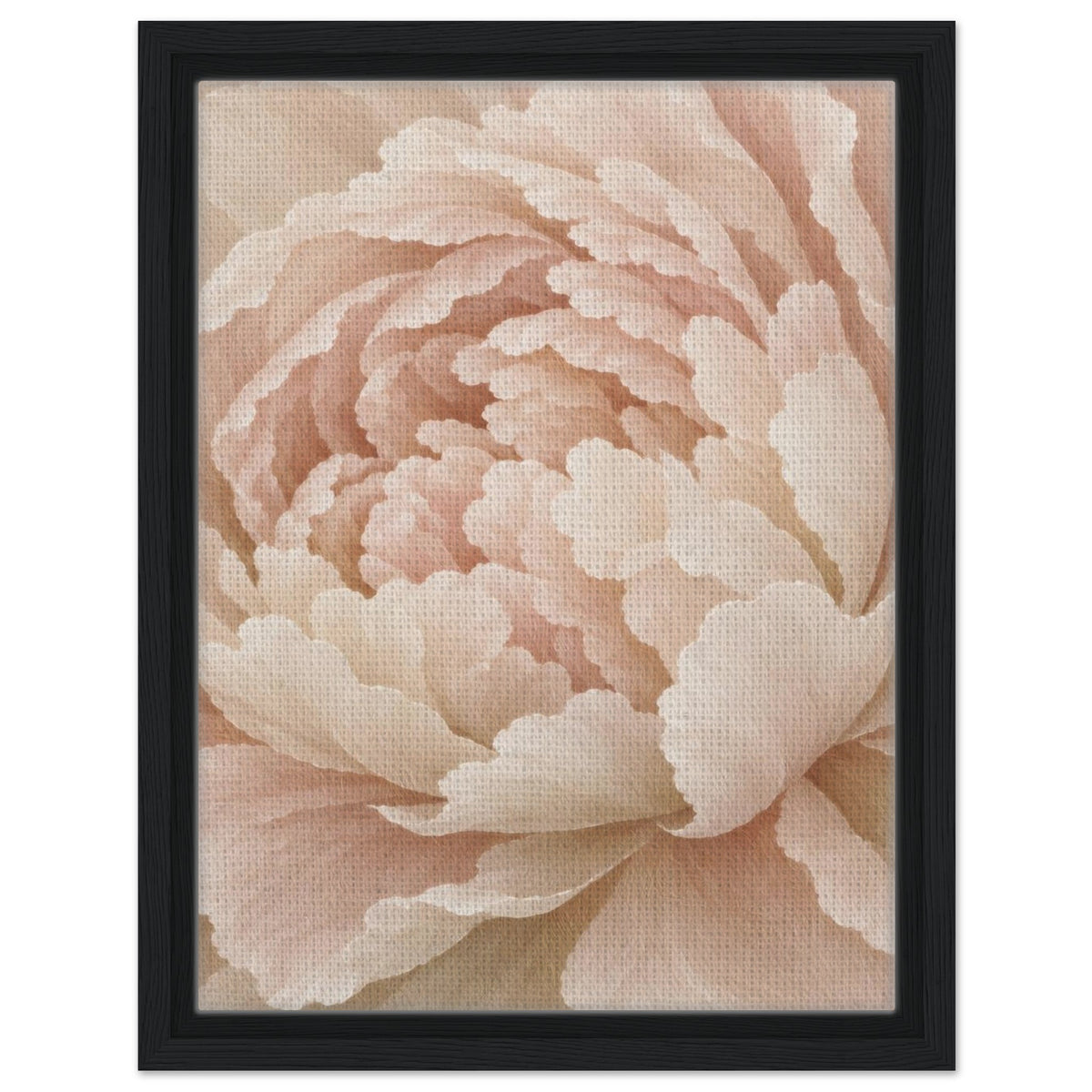 Ivory Peony framed canvas in black, cream and blush peony petals, front view