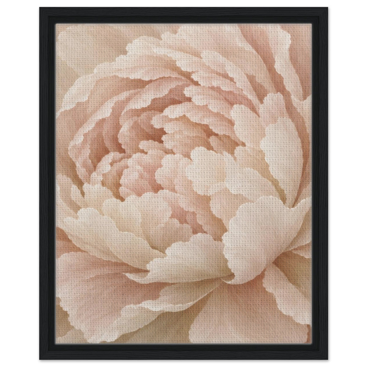 Ivory Peony floral canvas framed in black, straight-on view