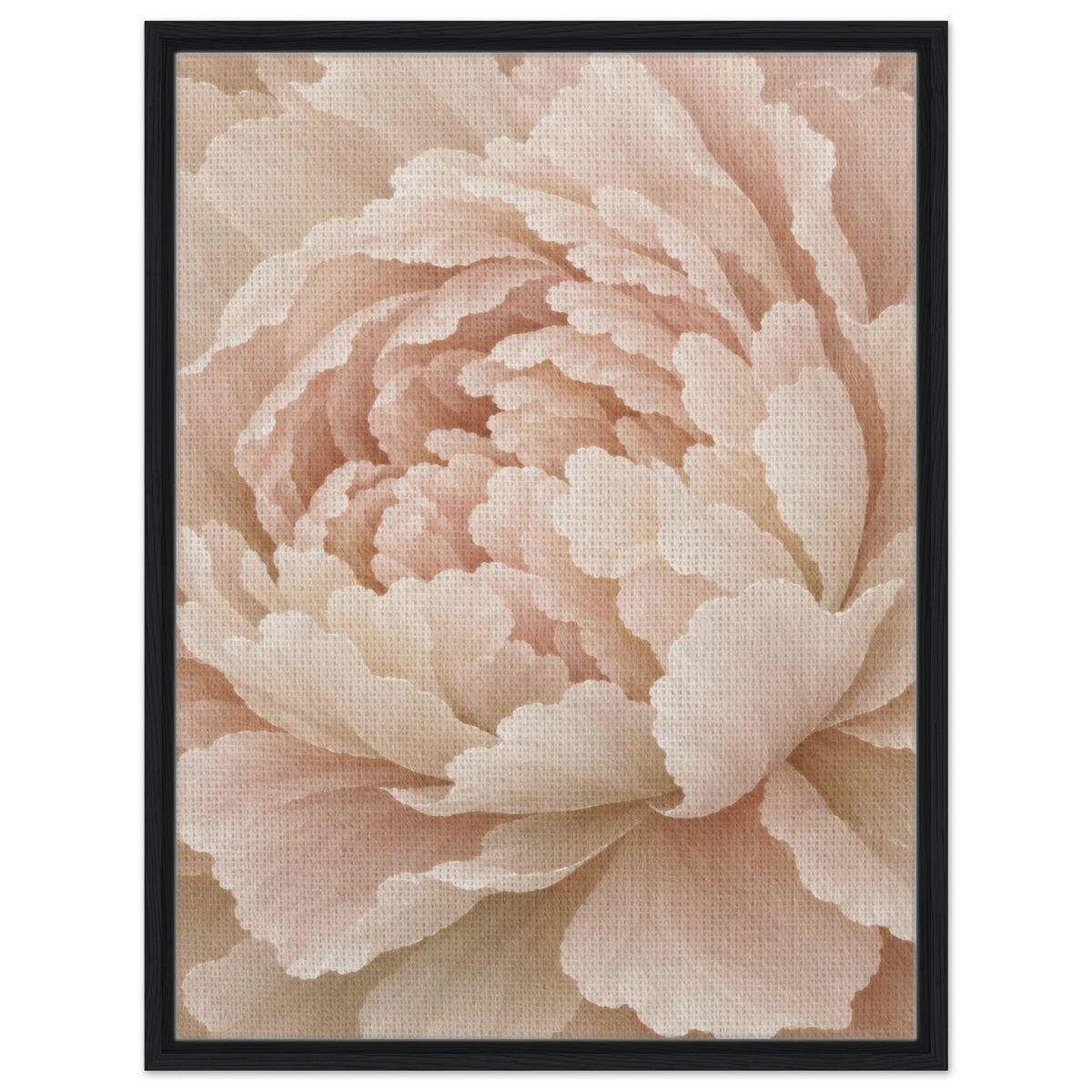 Ivory Peony cream floral canvas in a black floating frame, front view