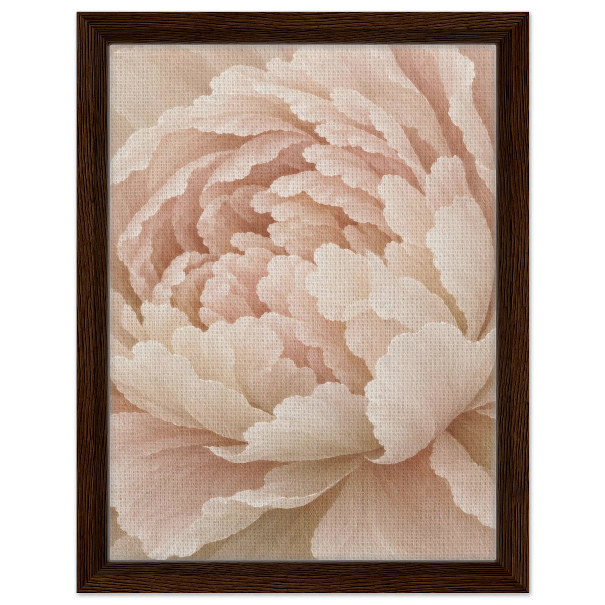 Ivory Peony cream floral canvas in a dark wood frame, straight-on view