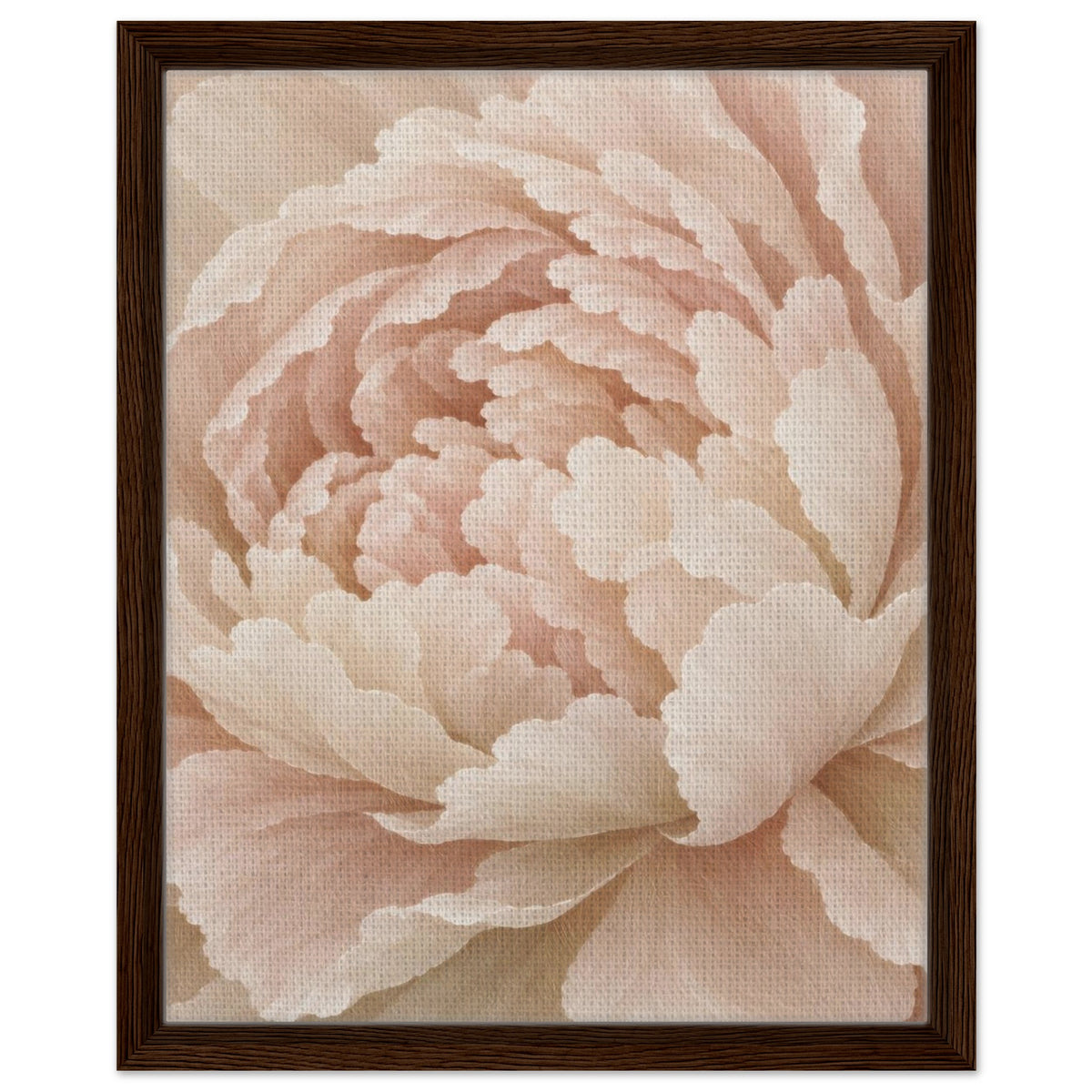 Ivory Peony framed canvas wall art with a dark wood frame, front view