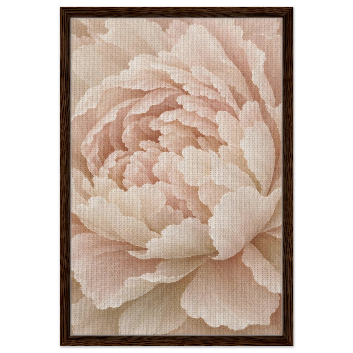 Ivory Peony blush peony canvas in a dark wood floating frame, front view