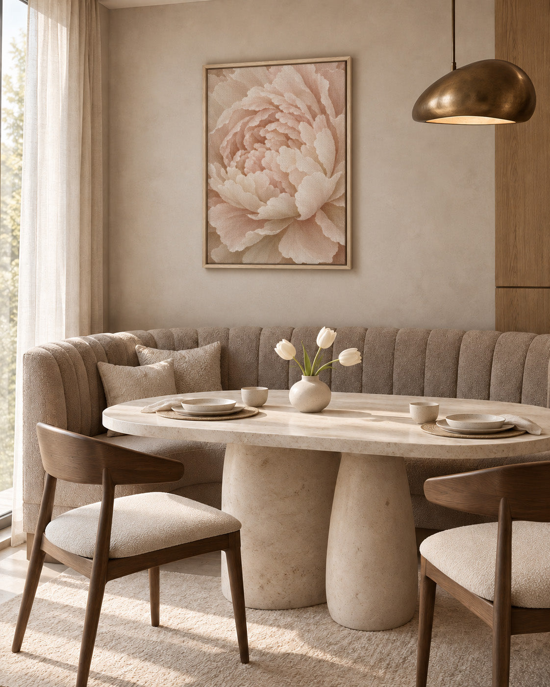 Framed peony canvas in a dining nook with an oval table and a curved upholstered banquette
