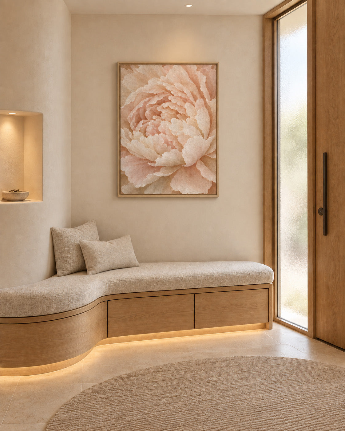 Framed peony wall art above a curved built-in bench in a soft neutral entryway