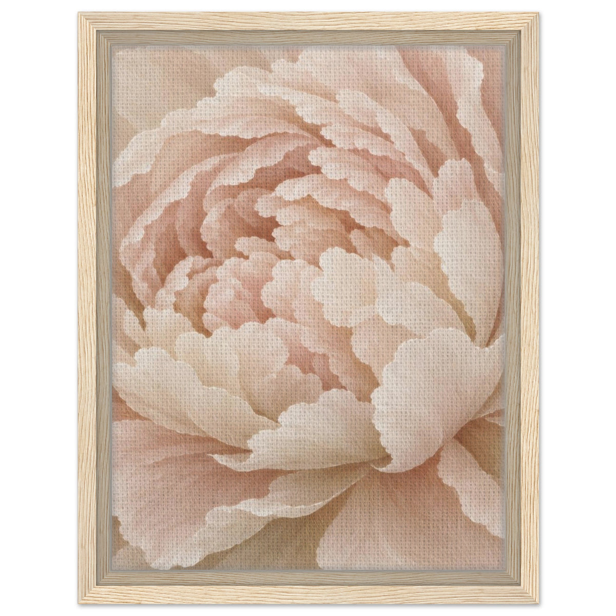 Ivory Peony cream floral canvas in a natural light wood frame, straight-on view