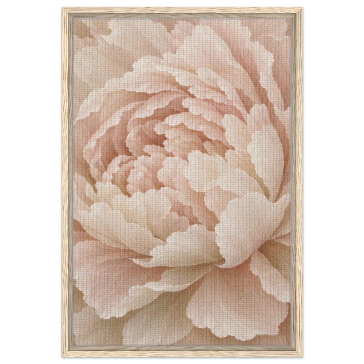Ivory Peony framed canvas wall art with a light wood frame, front view