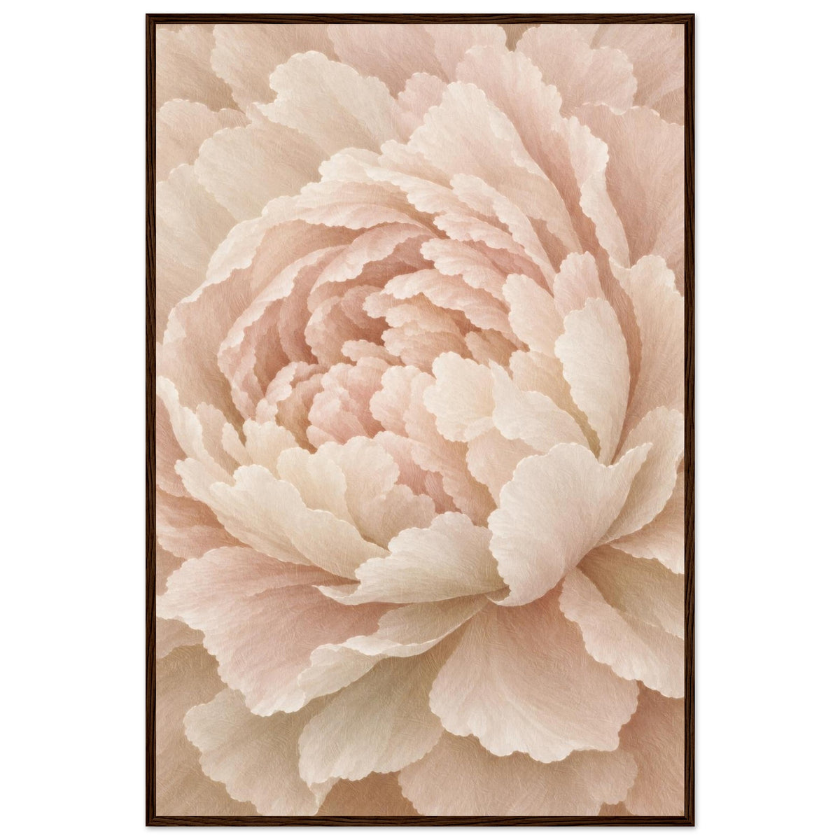 Ivory Peony cream floral print in a dark wood frame, front view
