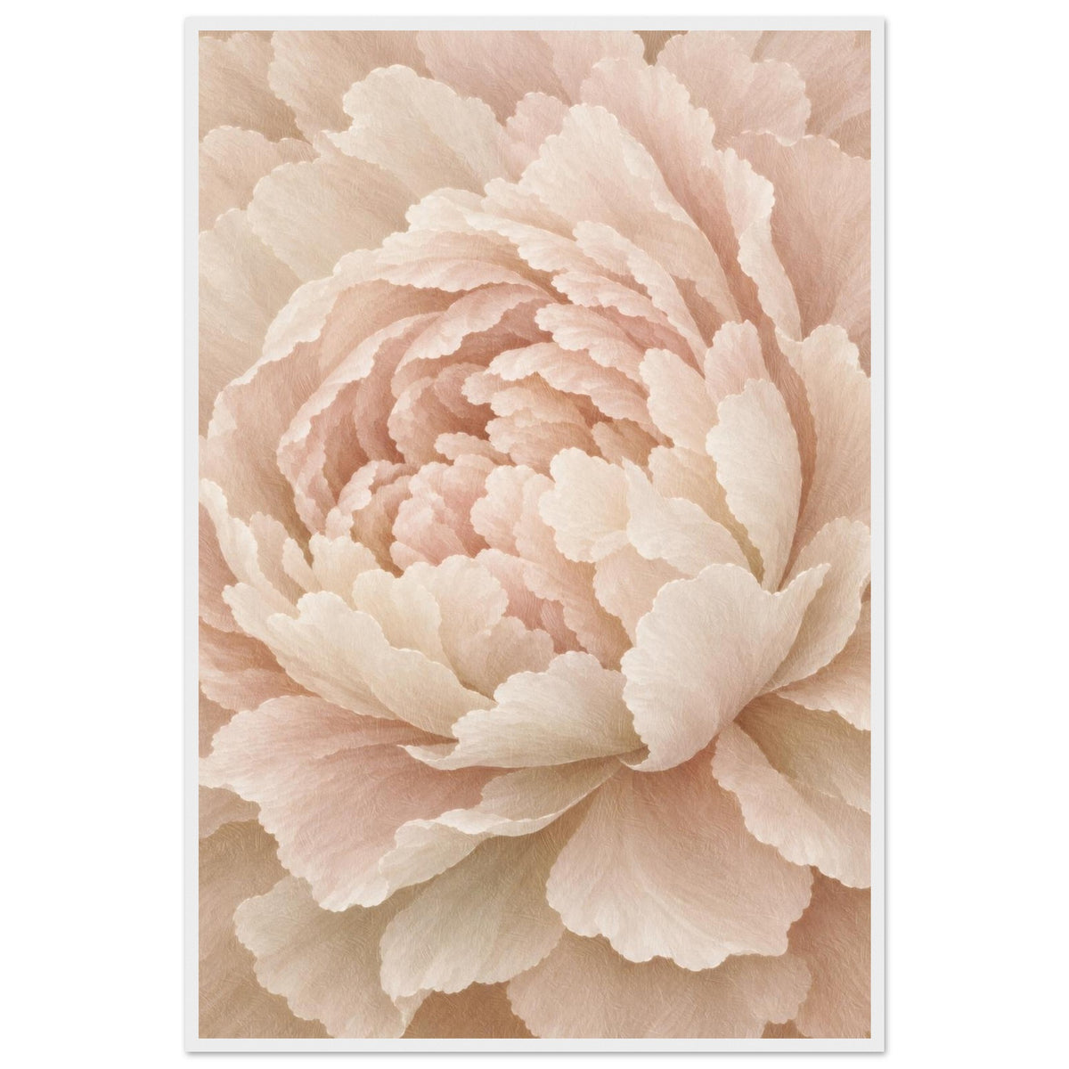 Ivory Peony framed poster in a white frame with cream and blush peony petals, front view