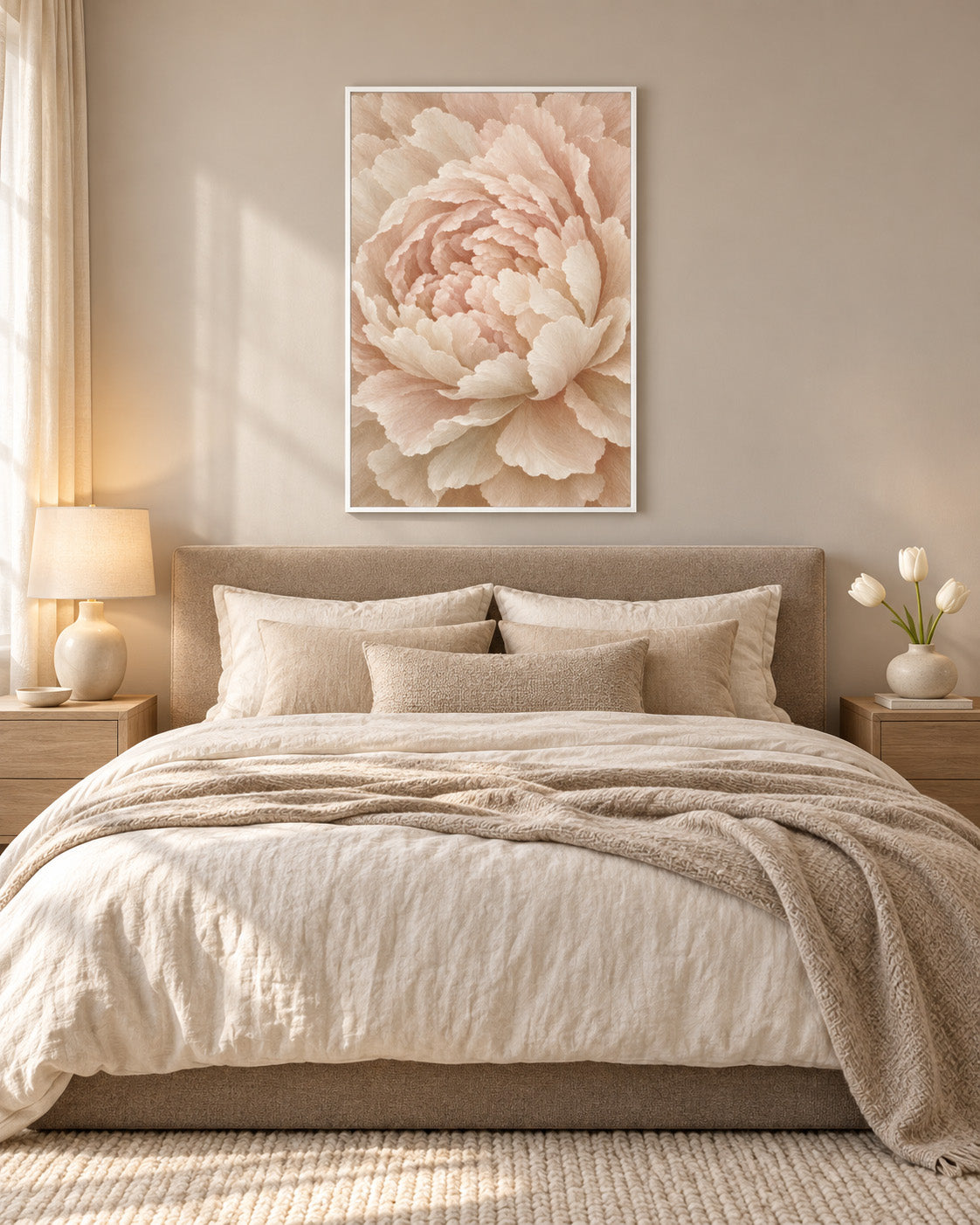 Framed peony wall art above a cozy cream bed with soft neutral bedding