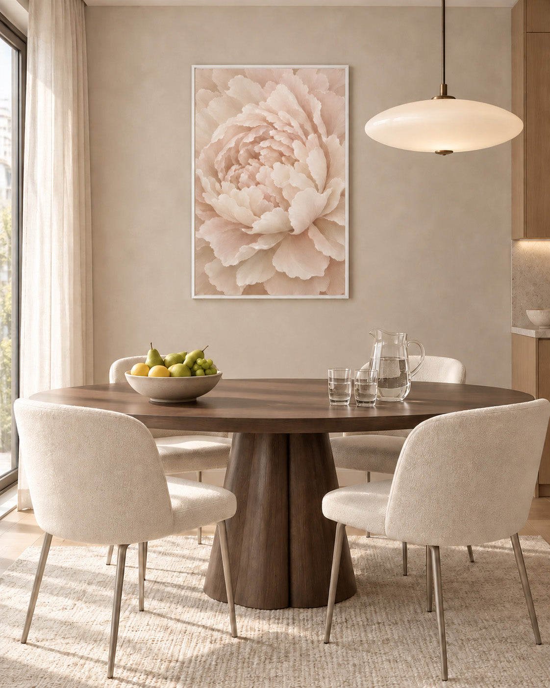 Framed Ivory Peony print in a sunlit dining room with a round walnut table and cream chairs