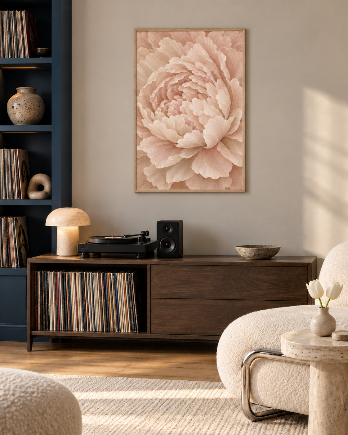 Framed Ivory Peony print above a walnut record cabinet in a warm neutral living room
