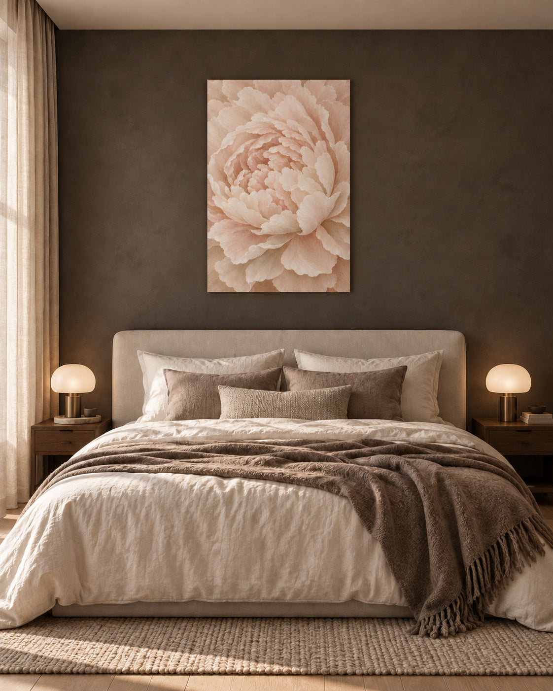 Ivory Peony poster above a cozy neutral bed on a warm taupe wall