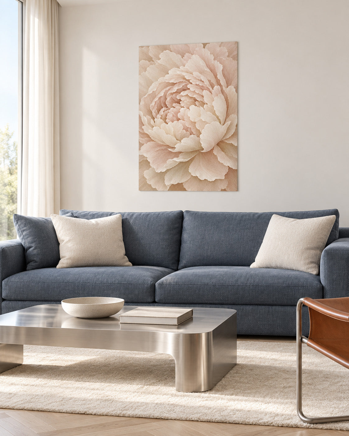 Unframed Ivory Peony poster above a slate blue sofa and a chrome coffee table in a bright living room