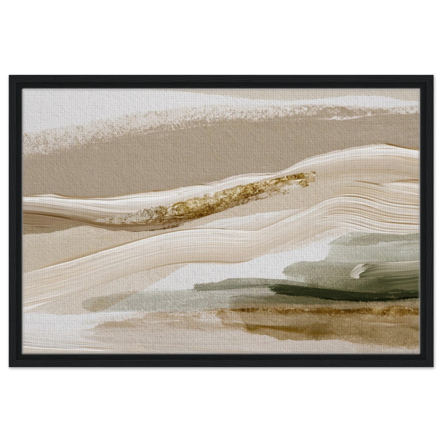 Ivory and sage abstract artwork with flowing neutral layers in black frame