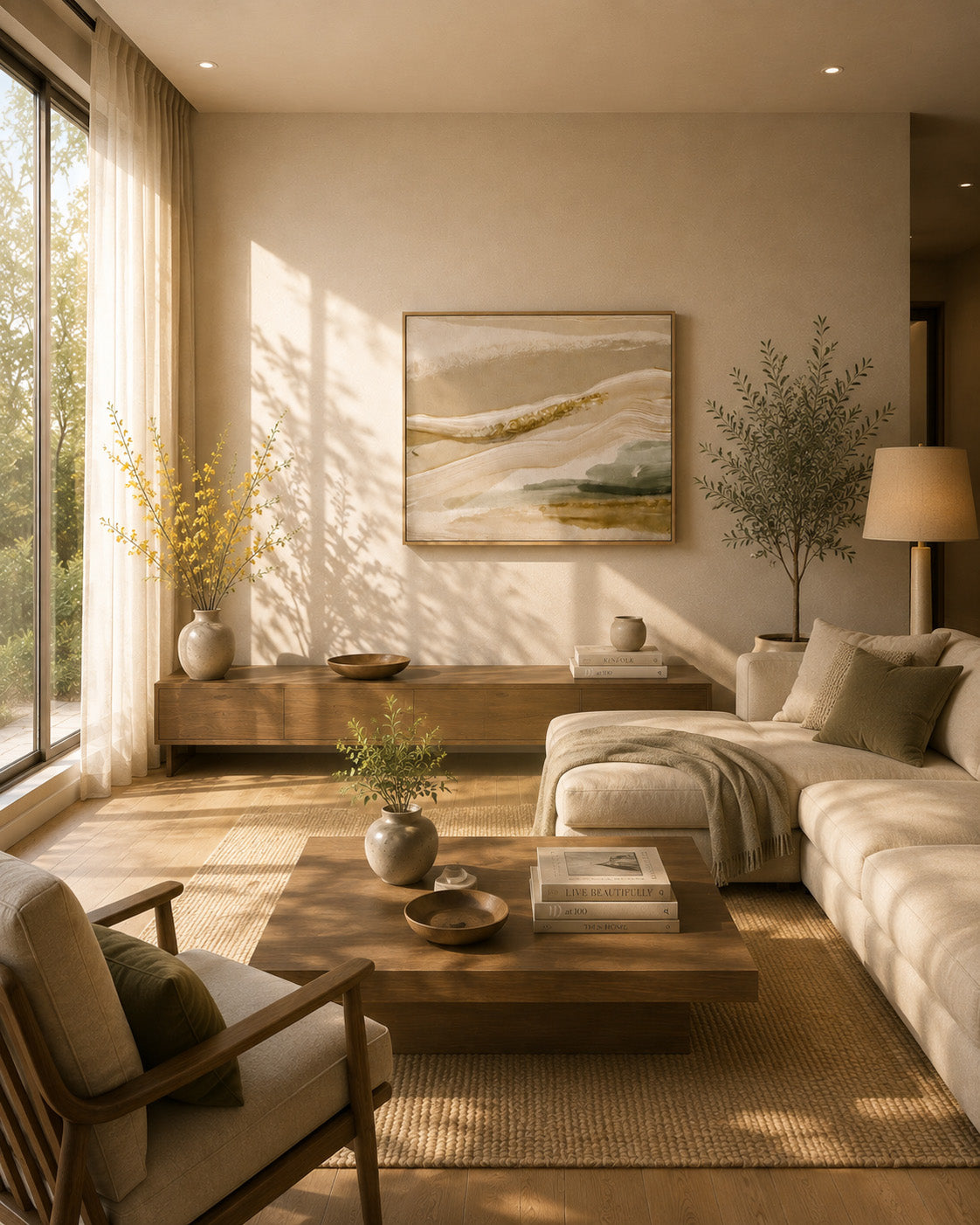 Ivory and sage abstract wall art styled in a warm contemporary living room